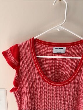 Old Navy Red & White Knit Scoop Neck Top with Flutter Sleeves